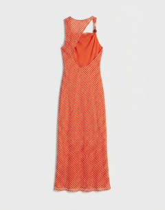 Model wearing Asym beaded neck maxi occasion dress orange chiffon stripe