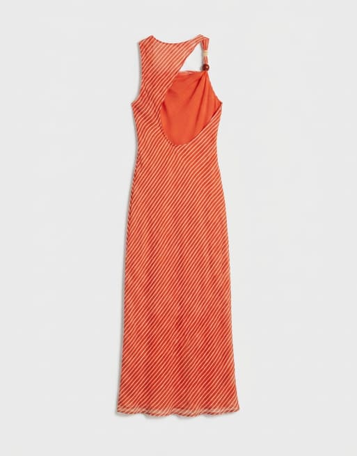 Topshop asym beaded neck maxi occasion dress orange chiffon stripe, 6 of 7