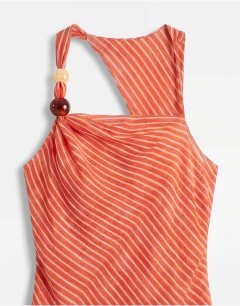Model wearing Asym beaded neck maxi occasion dress orange chiffon stripe