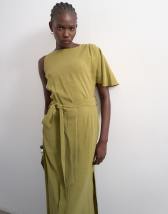 Topshop asym sleeve tie waist cupro maxi dress in khaki