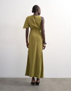 Model wearing Asym sleeve tie waist cupro maxi dress in khaki