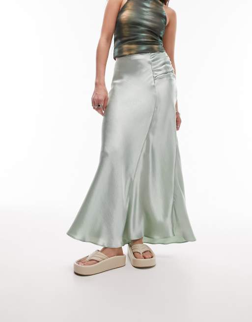 Topshop – Asymetryczna spódnica maxi z marszczoną wstawką w kolorze jasnej zieleni