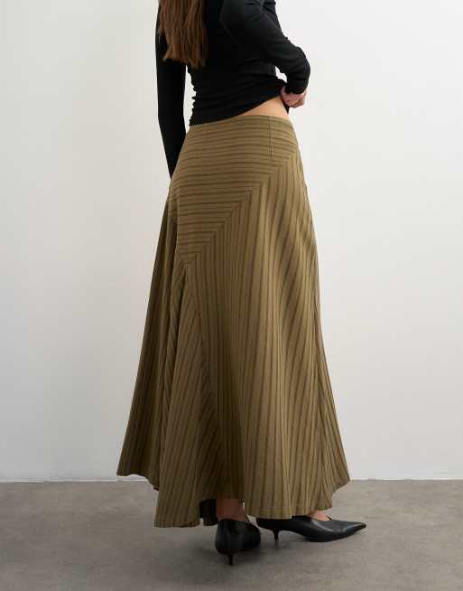 Topshop Asymmeric striped skirt in deep olive, 3 of 5