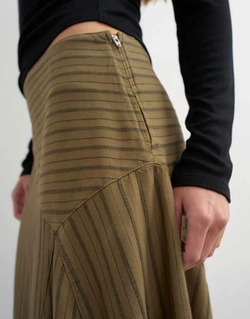 Topshop Asymmeric striped skirt in deep olive, 4 of 5