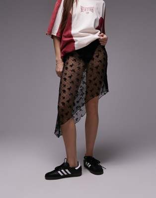 Topshop asymmetric 90s length flocked floral sheer skirt in black - view 1
