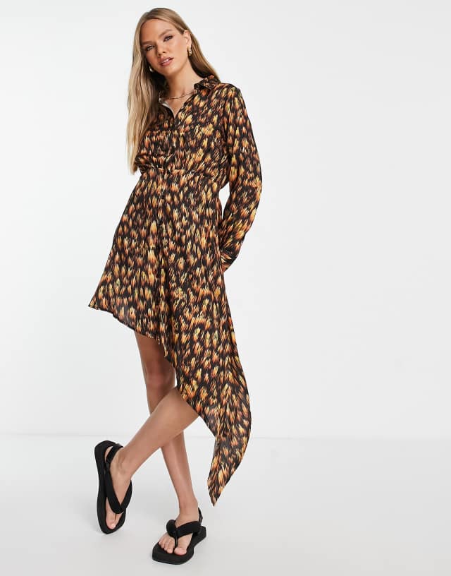 Topshop asymmetric animal mini shirt dress in brown