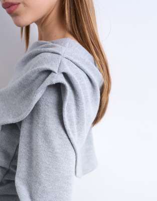 Topshop Asymmetric Bardot Drape Long Sleeve Top In Gray