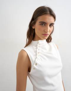 Asymmetric button detail short sleeve in ecru
