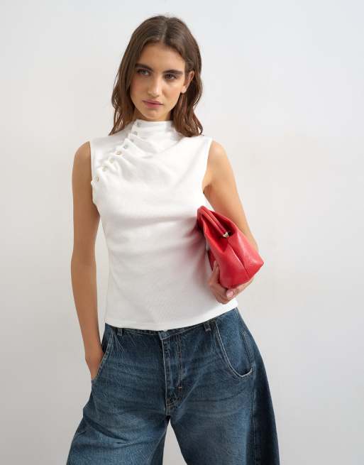 Topshop asymmetric button detail short sleeve top in ecru, 2 of 4