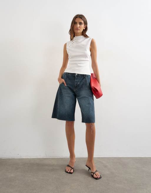 Topshop asymmetric button detail short sleeve top in ecru, 3 of 4