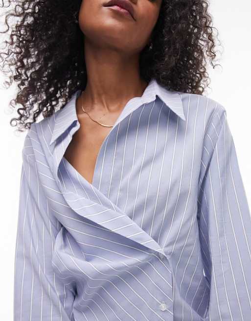 Topshop asymmetric button stripe shirt in blue | ASOS