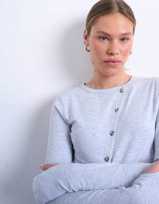 Women's Plus Size Plain Button-Detail Top - Light Grey, Size 12, Turn-Up Sleeve With Silver Button Trim