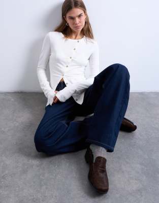 Topshop asymmetric button-through long sleeve top in ivory | ASOS