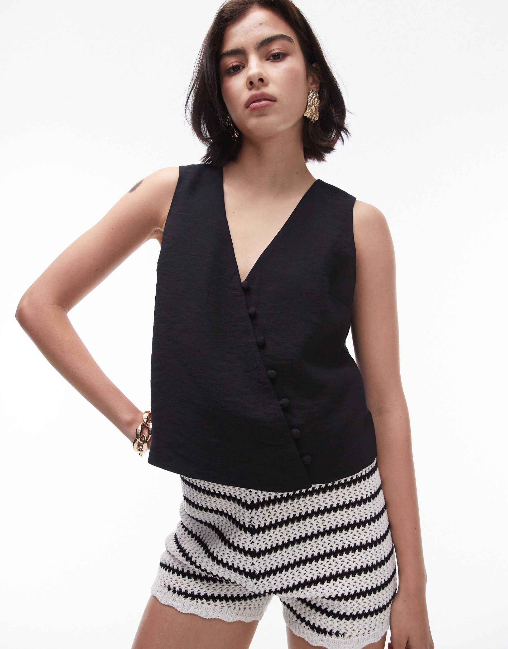 topshop asymmetric button top in black