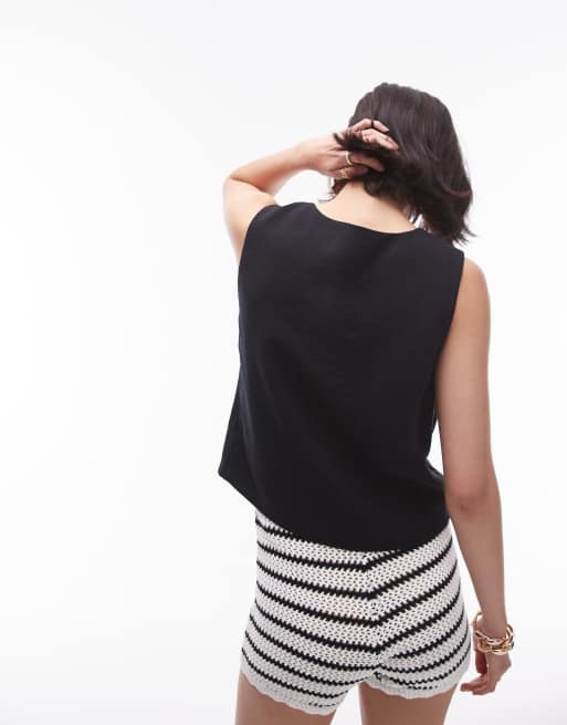 Topshop asymmetric button top in black, 4 of 4