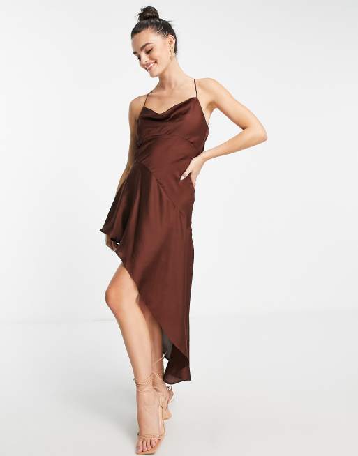 Plus Chocolate Satin Cowl Neck Lace Up Back Midi Slip Dress