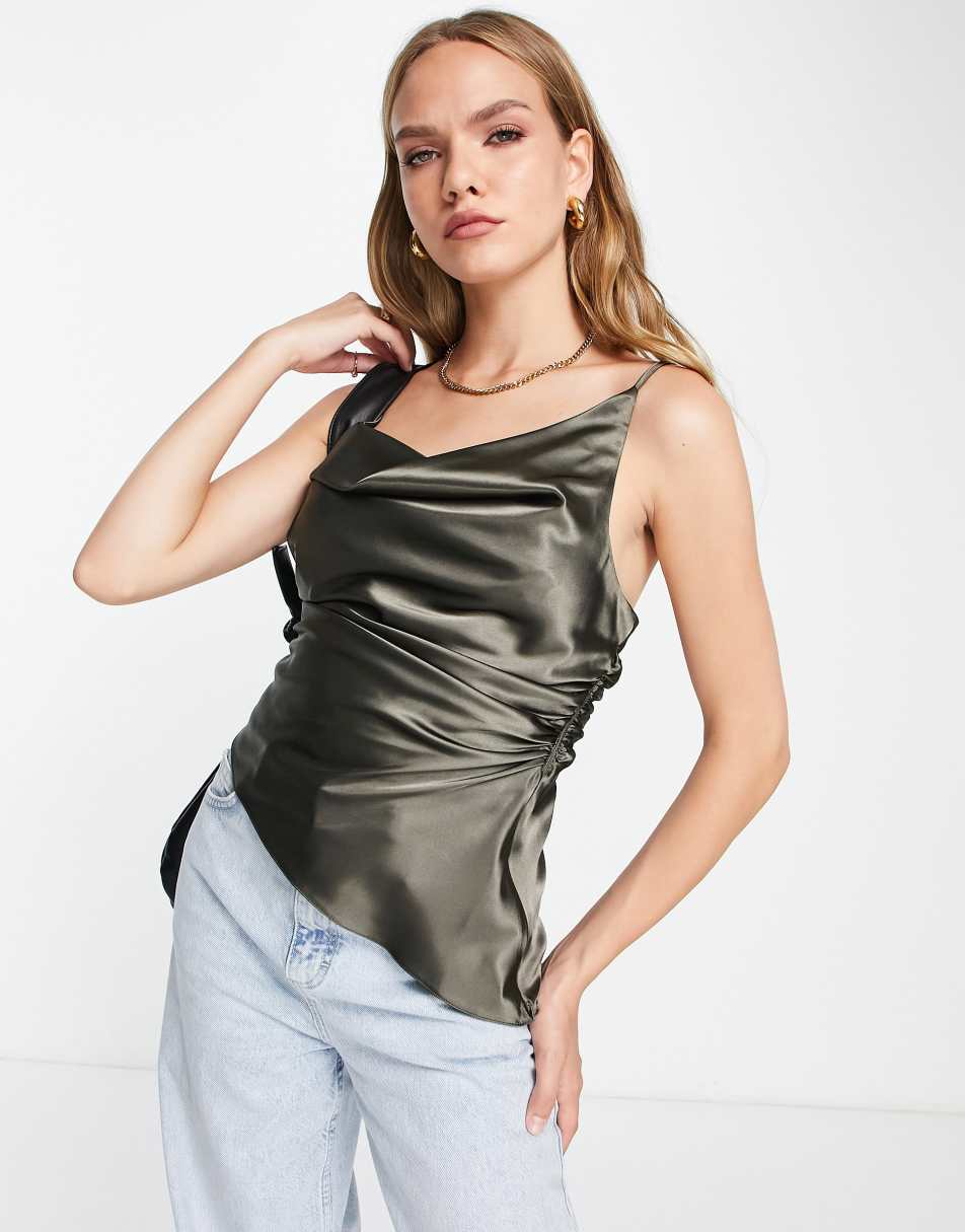 Topshop asymmetric cowl neck cami in khaki atlaspt