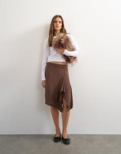 Asymmetric cupro soft midi skirt in chocolate