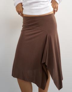 Model wearing Asymmetric cupro soft midi skirt in chocolate