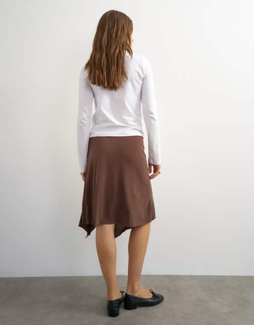Topshop asymmetric cupro soft midi skirt in chocolate, 5 of 5