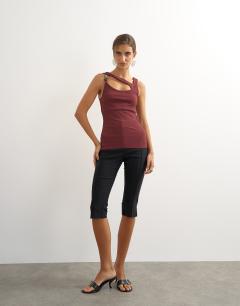 Model wearing Asymmetric detail beaded tank in mahogony