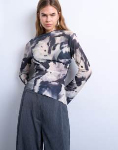 Asymmetric drape abstract print long sleeve top in multi