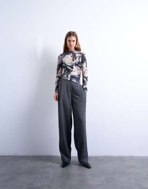 Topshop asymmetric drape abstract print long sleeve top in multi, 2 of 4
