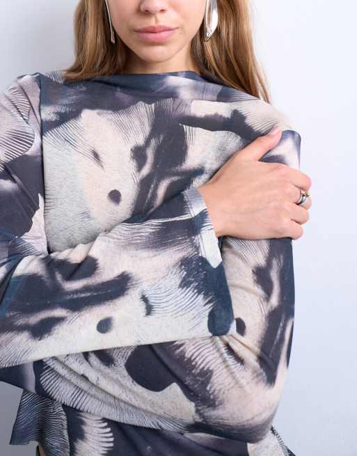 Topshop asymmetric drape abstract print long sleeve top in multi, 3 of 4