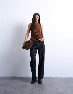 Model wearing Asymmetric drape detail top in chocolate