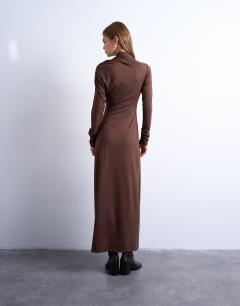 Model wearing Asymmetric drape front maxi dress in chocolate brown