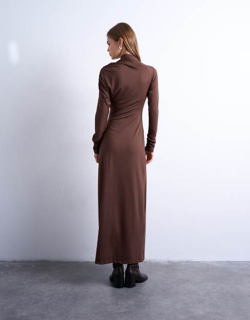 Topshop asymmetric drape front maxi dress in chocolate brown, 2 of 4