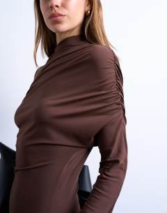 Model wearing Asymmetric drape front maxi dress in chocolate brown