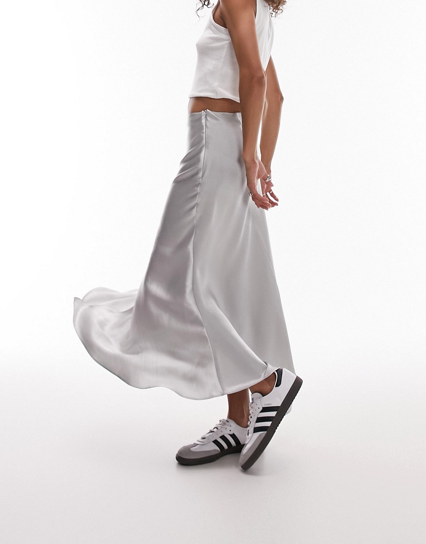 Shop Topshop Asymmetric Fishtail Midi Skirt In Silver