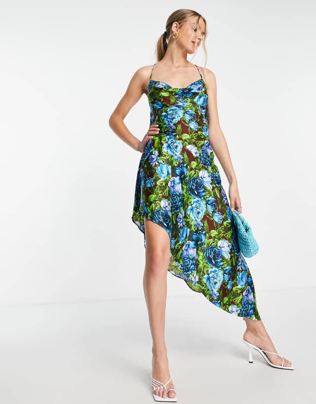 Topshop asymmetric floral cowl neck midi slip dress in multi