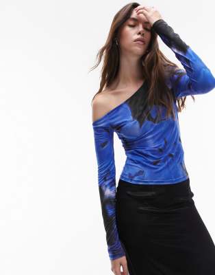 Topshop Floral Print One-shoulder Top In Blue