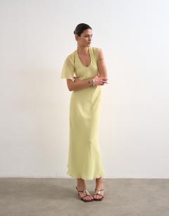 Asymmetric flutter sleeve maxi dress with seaming in lemon