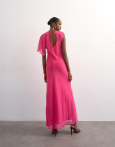 Topshop asymmetric flutter sleeve maxi dress with seaming in pink