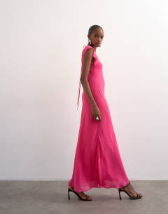 Asymmetric flutter sleeve maxi dress with seaming in pink
