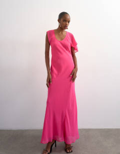 Model wearing Asymmetric flutter sleeve maxi dress with seaming in pink