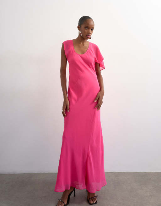 Topshop asymmetric flutter sleeve maxi dress with seaming in pink