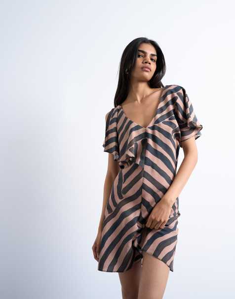 Topshop asymmetric frill mini dress in abstract choc stripe - view 1