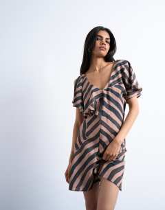 Asymmetric frill mini dress in abstract choc stripe