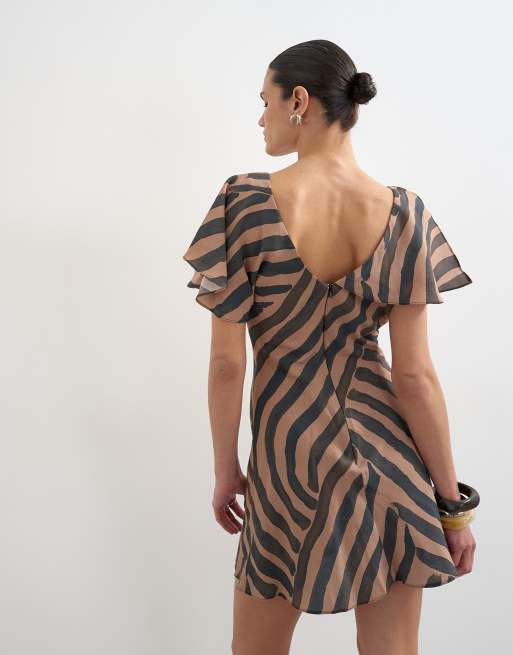 Topshop asymmetric frill mini dress in abstract choc stripe, 2 of 4