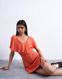 Asymmetric frill mini dress in orange