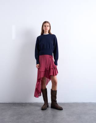 Topshop Topshop asymmetric hem frill detail midi skirt in rhubarb-Red