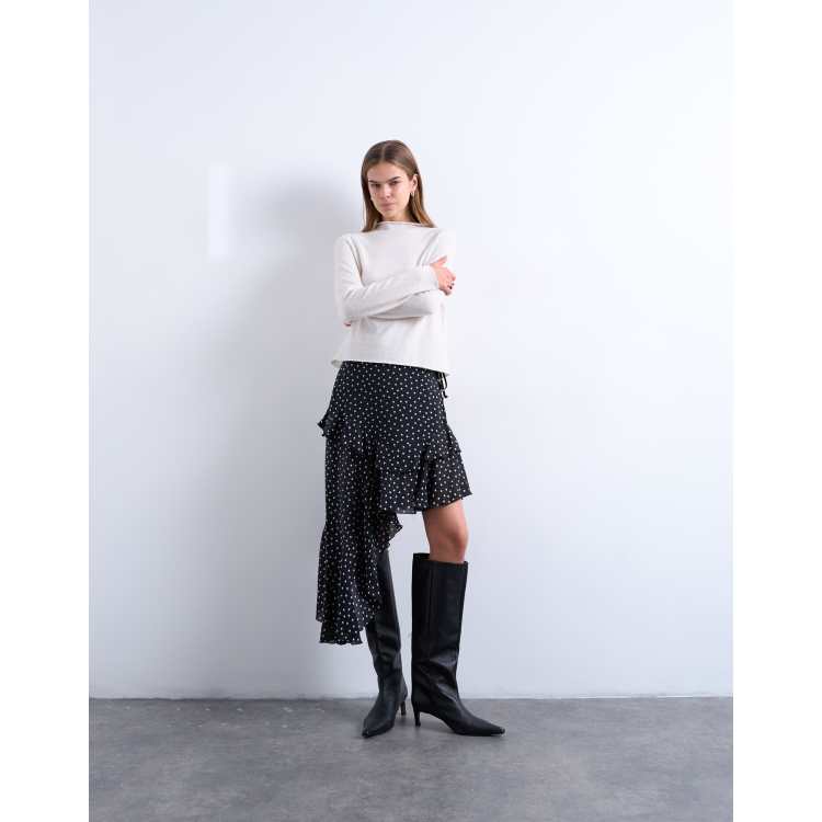 Topshop asymmetric hem frill detailing midi skirt in black and
