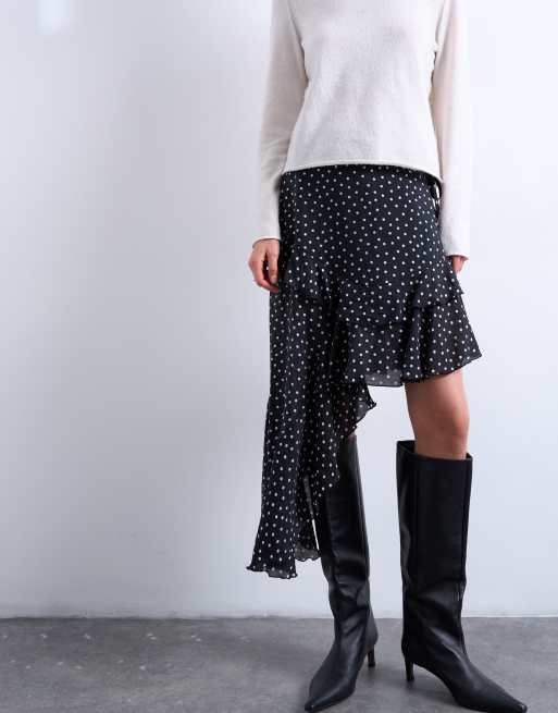 Topshop asymmetric hem frill detailing midi skirt in black and