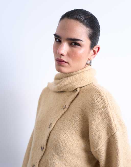 Topshop asymmetric knit cardigan with scarf in oat beige, 4 of 4