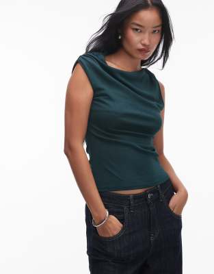 asymmetric knot shoulder top in dark green