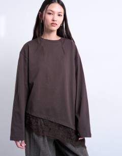 Asymmetric lace trim oversized skater in chocolate